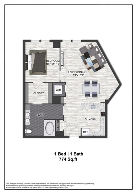 Floor plan for 1 bed, 1 bath, 774 sqft